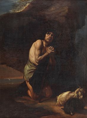 une image représentant un tableau où l'on voit un homme agenouillé devant un mouton