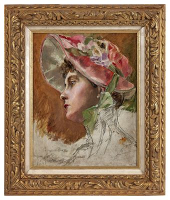 un tableau représentant une femme portant un chapeau rose orné d'une fleur