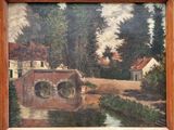 an oil painting of a bridge over a river with houses in the background