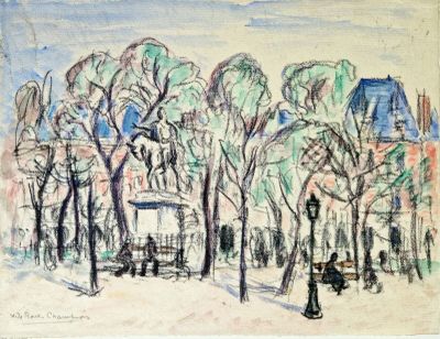 dessin représentant une scène de rue avec des arbres et un banc au premier plan