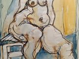 painting of a nude woman sitting on a stool in a room