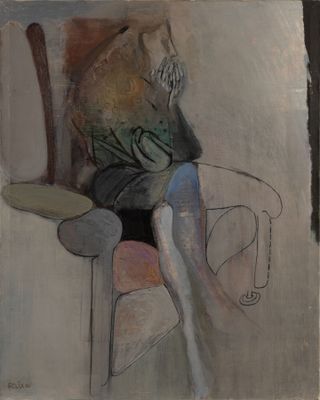tableau représentant une femme assise sur une chaise, la main posée sur le visage