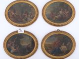 quatre tableaux ovales représentant des femmes et des hommes dans un décor boisé