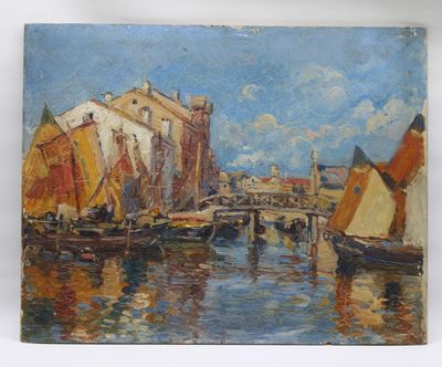 une peinture de bateaux sur l'eau dans un port