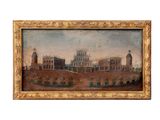an old painting of a large building with a clock tower on top