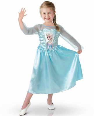 a little girl dressed in a frozen princess costume waving