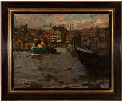 une peinture à l'huile représentant une scène de port avec un bateau au premier plan