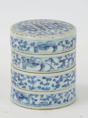three blue and white porcelain boxes stacked on top of each other