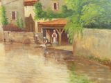 a painting of a man and a dog by a river