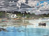 a painting of a boat on the water with a sky background