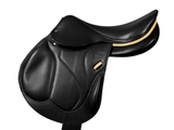 a close up of a black saddle on a white background