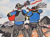 two men that are standing on a hill with a trumpet