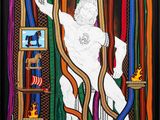 an image of a painting of a man sitting in a tree