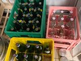 de nombreuses bouteilles de bière dans des récipients en plastique, posées par terre