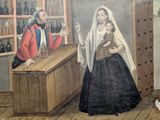 a painting of a woman holding a baby and a man holding a baby