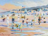 un tableau représentant des personnes sur la plage en train de s'amuser dans l'eau