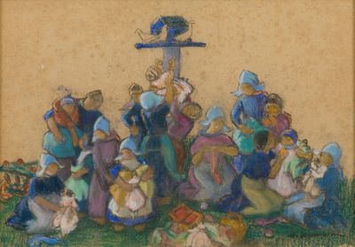 tableau représentant un groupe de personnes rassemblées autour d'une croix dans un champ