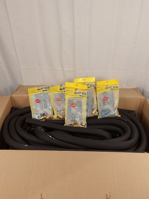 a cardboard box with a bunch of black hoses in it