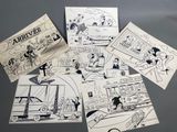 four postcards depicting cartoon characters on a table with a car in the background
