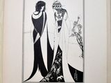 an old book with a drawing of two women dressed in black and white