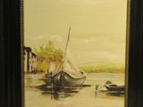 painting of a sailboat on a river with a house in the background