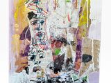 abstract painting of a man sitting on a motorcycle in front of a building