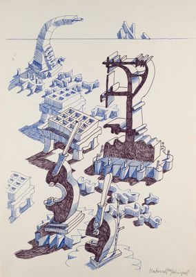 drawing of a blue and white drawing of a city with a street light