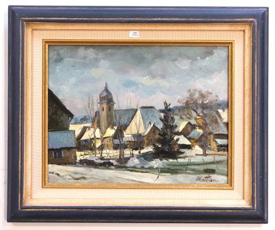an oil painting of a village with a church in the background
