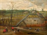 painting of a landscape with a horse drawn carriage and people in the foreground