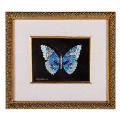 a painting of a butterfly with blue wings on a black background