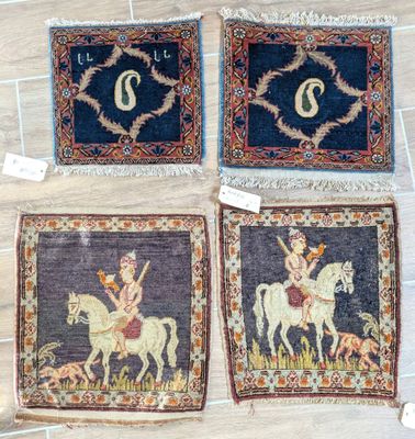three rugs with a picture of a woman on a horse and a man on a horse