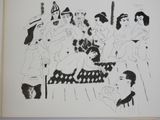 un dessin en noir et blanc d'un groupe de personnes