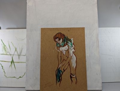 un tableau représentant une femme nue tenant un sac à main bleu