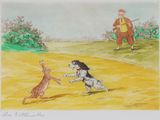 drawing of a dog chasing a rabbit in a field with a man in the background