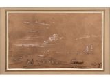 un dessin représentant une scène de plage avec des bateaux et des personnes dans l'eau