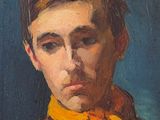painting of a man with a yellow neck tie and a black jacket