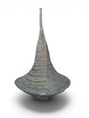 a large gray hat that is on a white surface