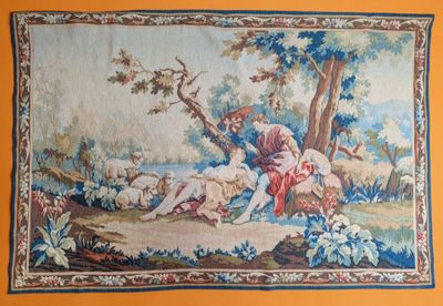 an image of a tapestry with a painting of a man and a woman in a wooded area