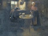 a painting of a woman sitting at a table with a cat