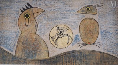un tableau représentant trois oiseaux et un œuf posé par terre