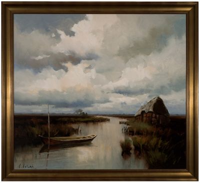 une peinture représentant un bateau sur l'eau près d'une grange