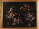 painting of a basket of fruit and flowers on a table