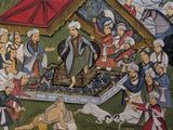 une image représentant un tableau où l'on voit un groupe de personnes dans un champ en compagnie d'un éléphant