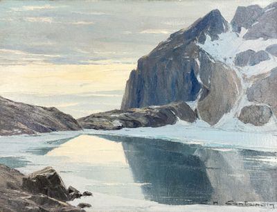 a painting of a mountain and a body of water