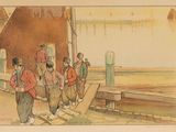 a drawing of a group of children standing on a dock