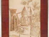 painting of a church in a wood frame on a white background