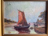 a painting of a boat on the water with a red sail