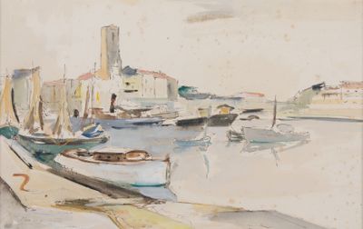 une peinture de bateaux dans un port avec des bâtiments à l'arrière-plan