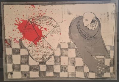 tableau représentant un homme tenant un couteau à la main, avec une éclaboussure de sang sur le mur