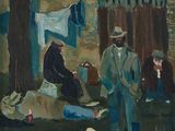 painting of a group of people and a dog in a yard